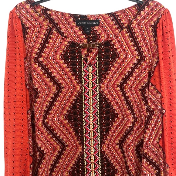 Danillio Boutique Red Orange Aztec Print Longsleeved Dress - Picture 2 of 10